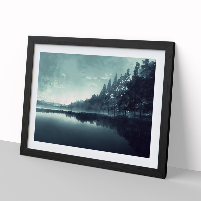 Misty Forest Lake View - Single Picture Frame Print, 46cm H x 64cm W, Black Framed