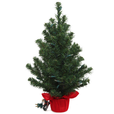 2' Northern Spruce Tree With Red Cloth Base | Realistic Greenery | Indoor/outdoor Use | Holiday & Christmas Décor | Tabletop Accent | Home & Office Decoration | 2-piece