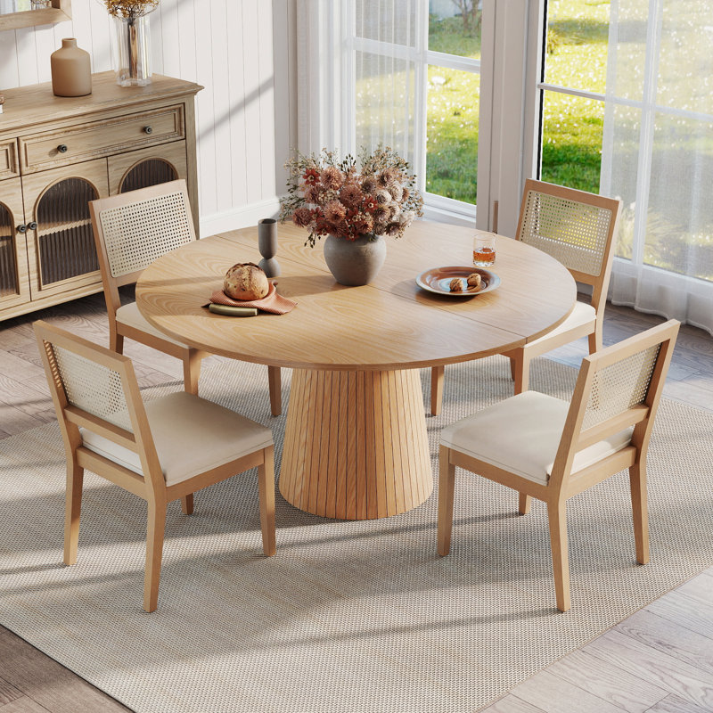 Ensemble de table de salle à manger ronde à piédestal avec 4 à 6 chaises à dossier en rotin, ensemble de table de salle à manger de style campagnard avec chaises rembourrées en chenille et pieds en bois massif pour 4 à 6