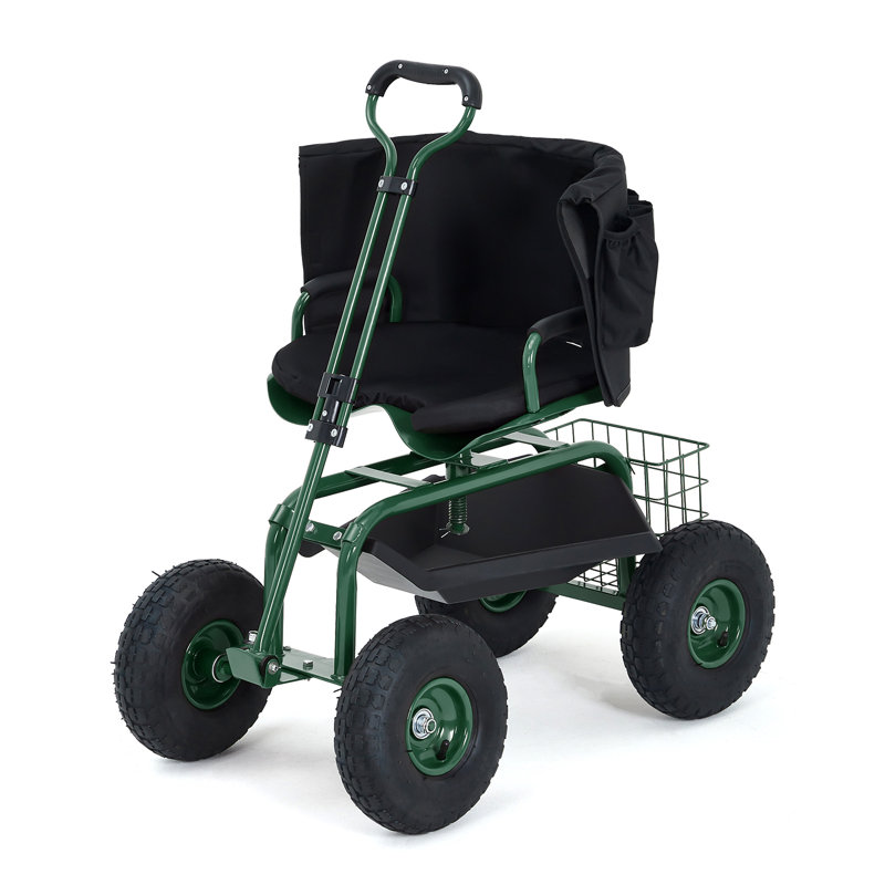 Siège de jardin roulant sur roulettes, chariot de jardin robuste de 400 lb avec siège pivotant réglable, panier de rangement et poignée extensible
