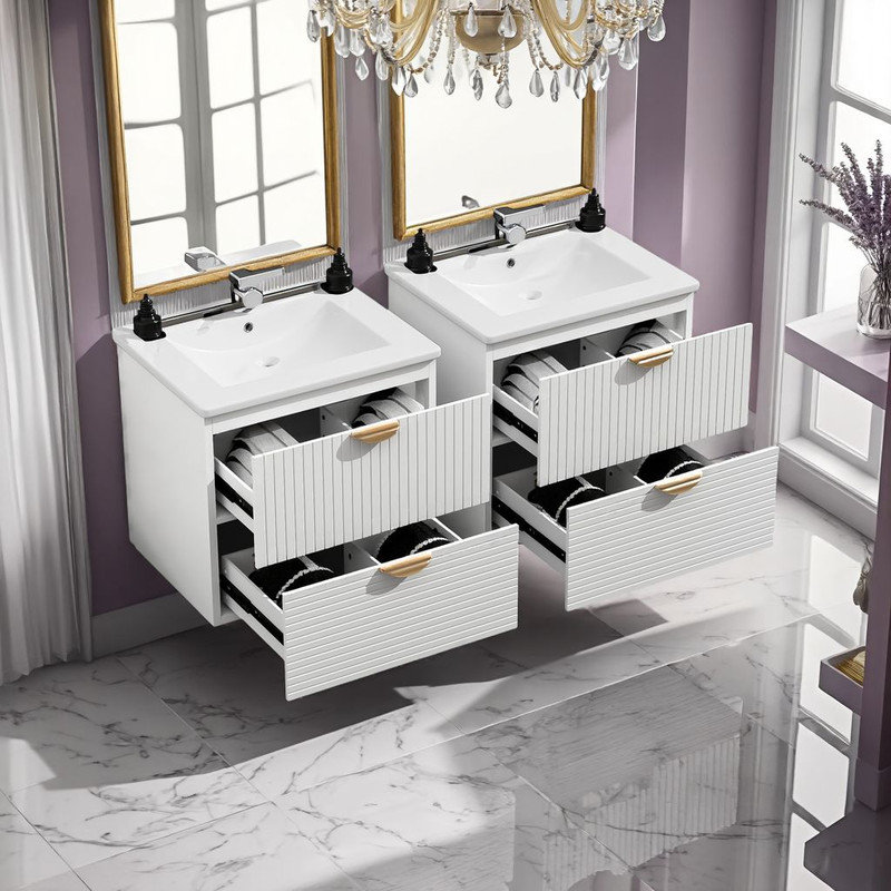 Ensemble de meuble-lavabo mural 48 po avec double meuble-lavabo 48 po, 4 tiroirs, poignées dorées?, Blanc