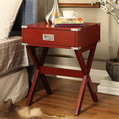 Red Square Side Table With Metal Corner Accents, Kd, Wooden Top, "x" Shape Base, Drawer, Glide Metal, Crossbar Support, In Primary Living Room Area Space Strapping, Base & Crossbar, Drawer Size