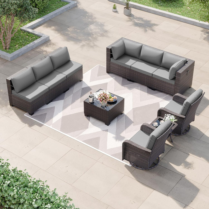 Kullavik 10 Pieces All-Weather Wicker Patio Furniture Set With Swivel Chair,Cushions And Coffee Table, Gray
