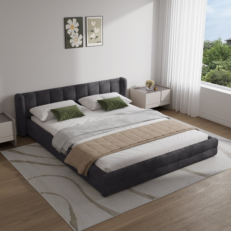 Structure de lit tapissier grand lit en chenille grand format, lit plateforme avec tête de lit à oreilles, Gris foncé, Grand