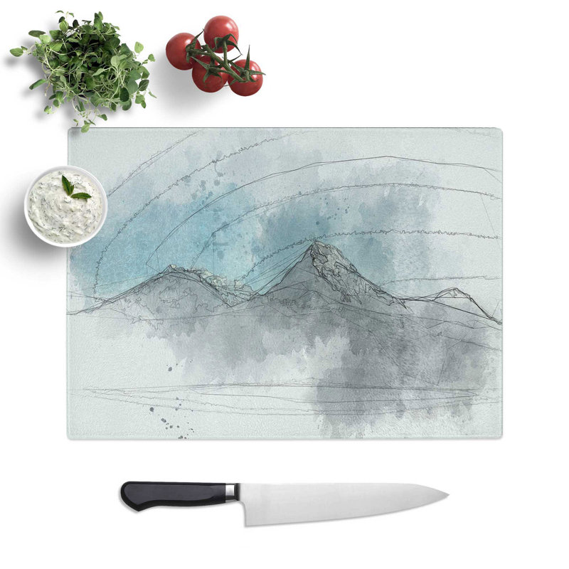 Tempered Glass Annapurna Massif Mountains Sketch Chopping Board, 28.5 cm x 39 cm
