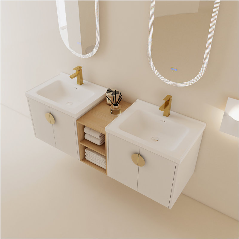 Meuble-lavabo à fermeture en douceur de 60 po avec lavabo et petites tablettes de rangement.