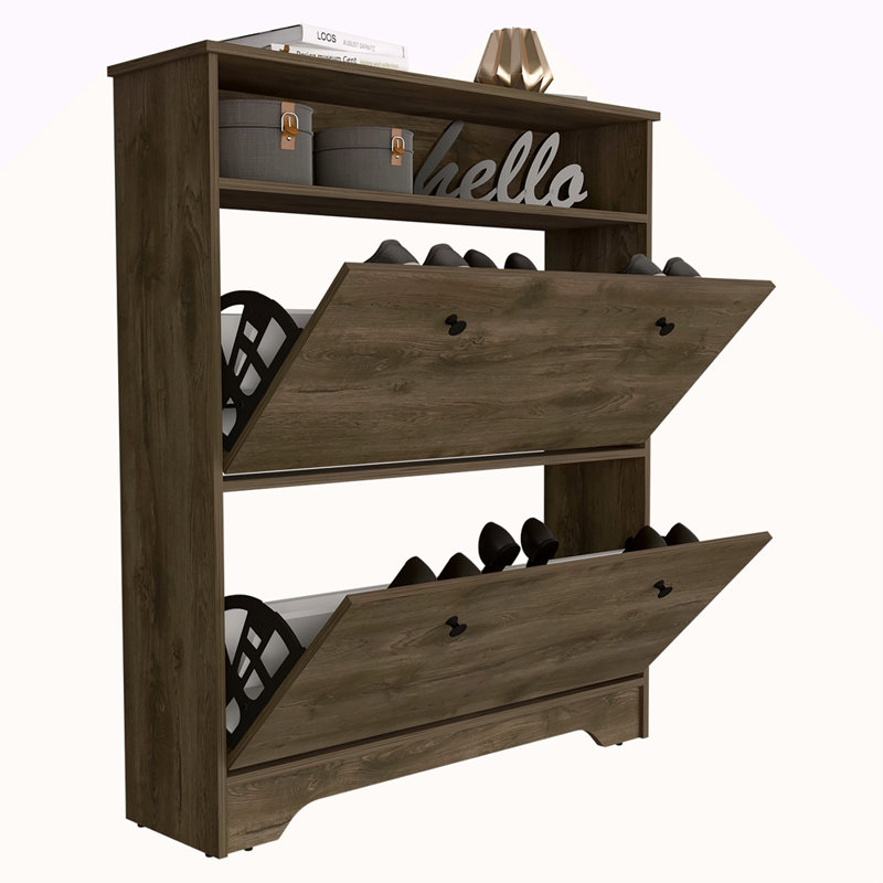 Shoe Rack 46" H, One Open Storage Shelf, Two Internal Storage Drawers, Two Doors