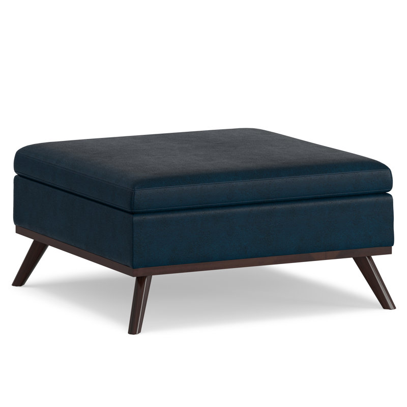 Owen 36"W Upholstered Mid-Century Modern Square Lift-Top Ottoman with Tufted Detail, Distressed Dark Blue Vegan Faux Leather