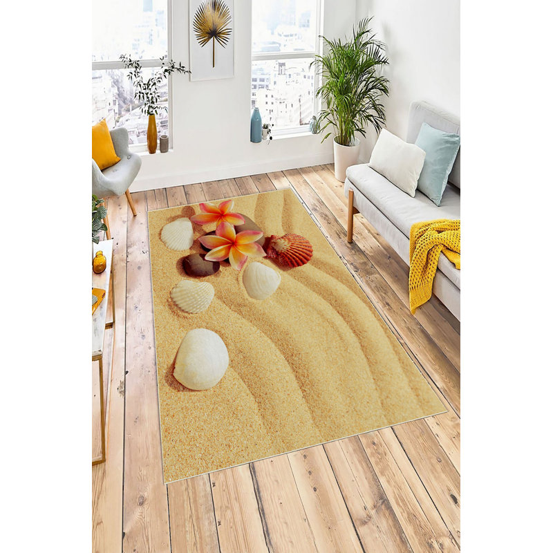 Elegant Hall Carpet, 3.3 x 6.6 Feet, 100% Polyester, 650 g/m² | Antibacterial, Eco-Friendly, Non-Slip PVC Dot Underside | Machine Washable, Digital Print in Beige, Cream, Orange & Yellow | Perfect for Home Decor