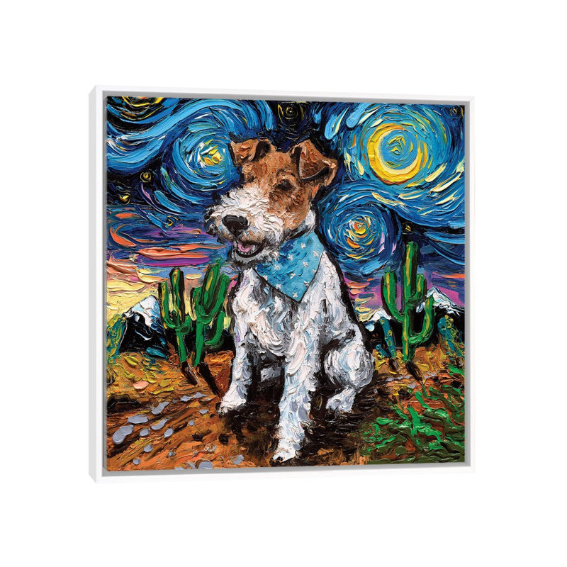 "Fox terrier Night" par AJA, reproduction d’art, Pas de tapis, H 26 po x l 26 po x P 1,5 po, Toile blanche encadrée