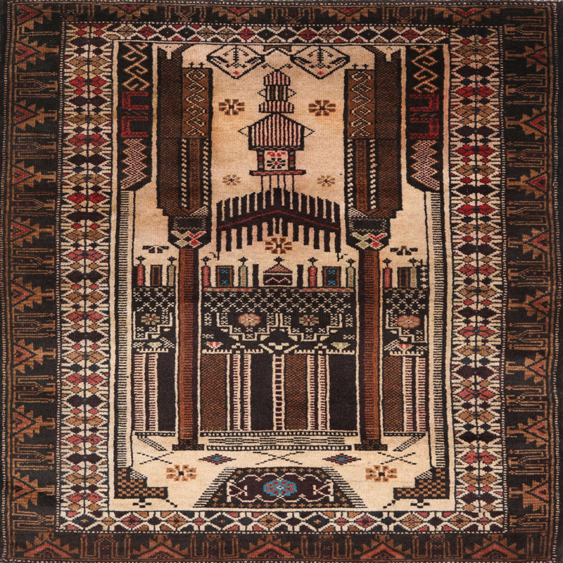 Tapis traditionnel de chocolat/chocolat foncé/beige, Carré 6 pi