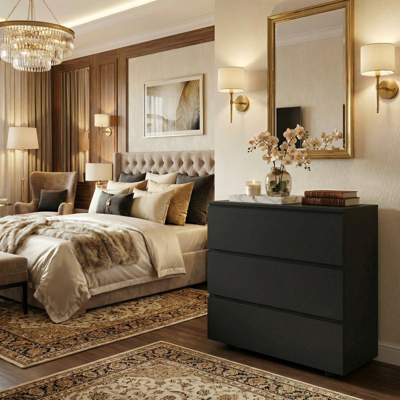 Commode 3 tiroirs, armoire de rangement compacte avec glissières en métal pour la chambre à coucher, le salon et les petits espaces