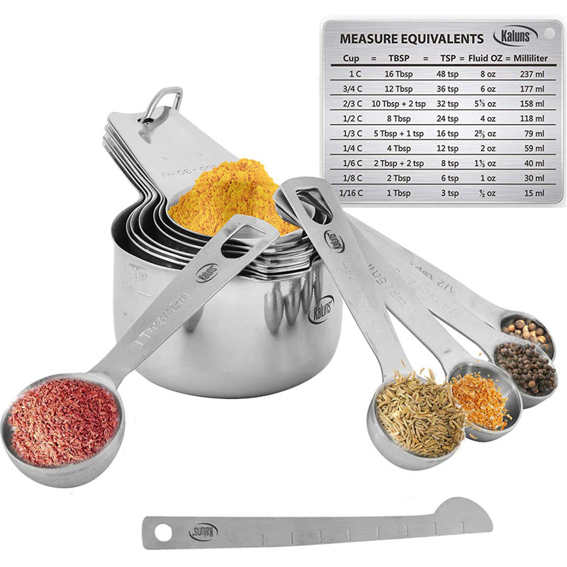 Kaluns Measuring Cups, Measuring Spoons,16 Piece Stainless Steel Measuring Cups And Spoons Set Includes Leveller And Measurements Card, Heavy-Duty, Heat And Rust Resistant