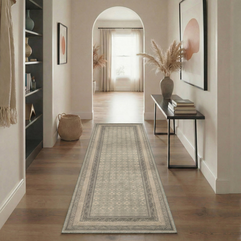 Oriental Transitional Border Machine Washable Beige / Grey Indoor Area Rug with Non-Slip Backing, Runner 2' x 7'