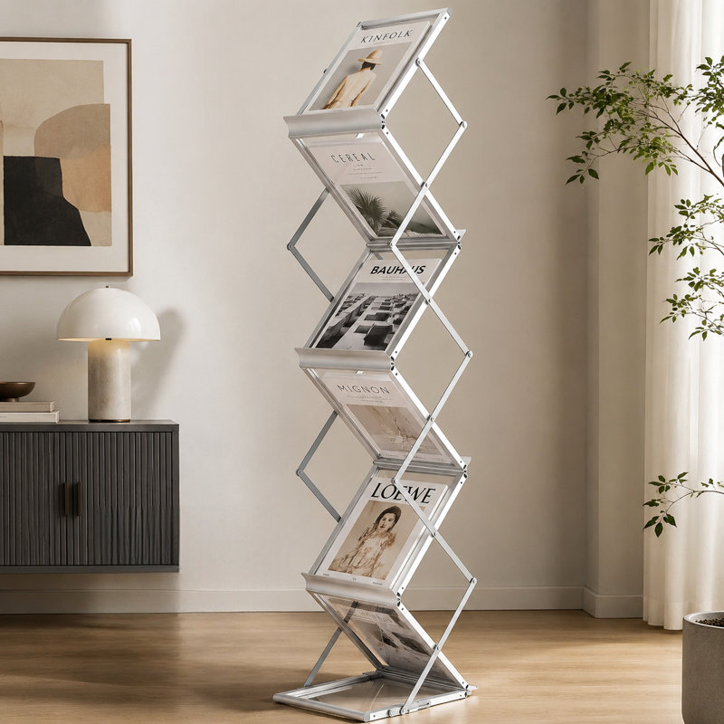 Présentoir à magazines pliable double face en alliage d'aluminium argenté à 6 poches, portable, pour expositions/hôtels.