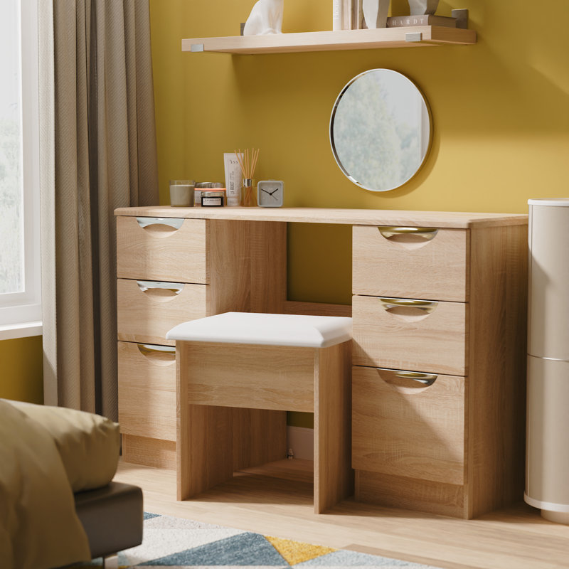 Bhodhini 6 Drawer Kneehole Desk (Ready Assembled), Bardolino Oak