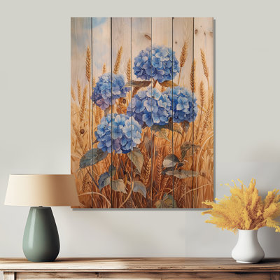 Paysage d'hortensias dans le champ de blé III - décoration murale en bois d'hortensias - sur bois de pin naturel