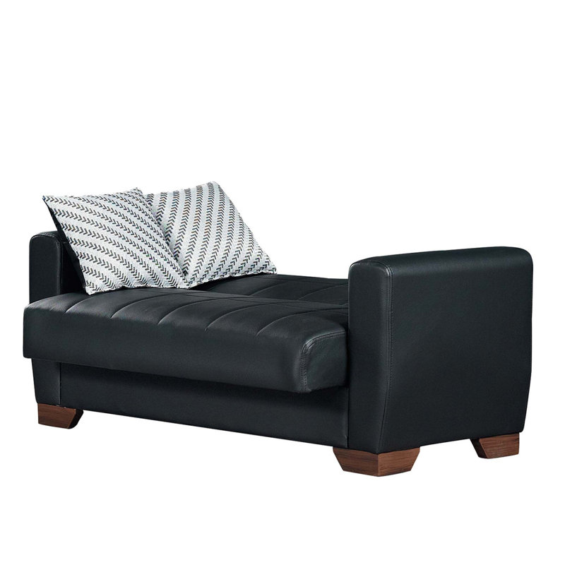 Convertible avec rangement. Des sièges contemporains et polyvalents. Idéal pour les petits espaces. Fabriqué en Turquie. La structure robuste supporte 600 lb. Coussins de siège confortables. Conversion rapide en lit.