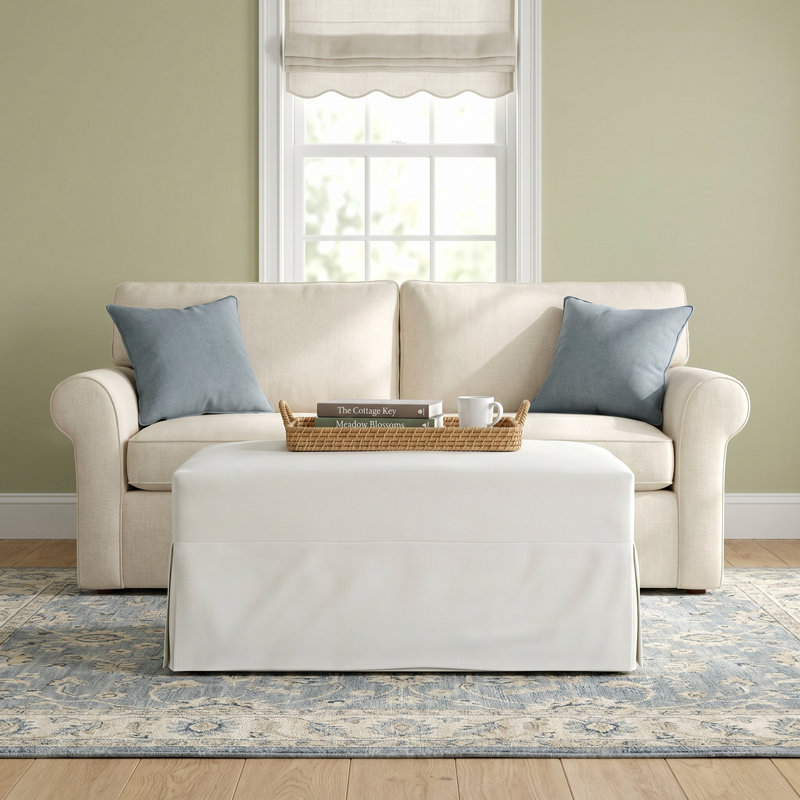 Cranbrook Upholstered Ottoman, Lena Off White Performance Linen Blend
