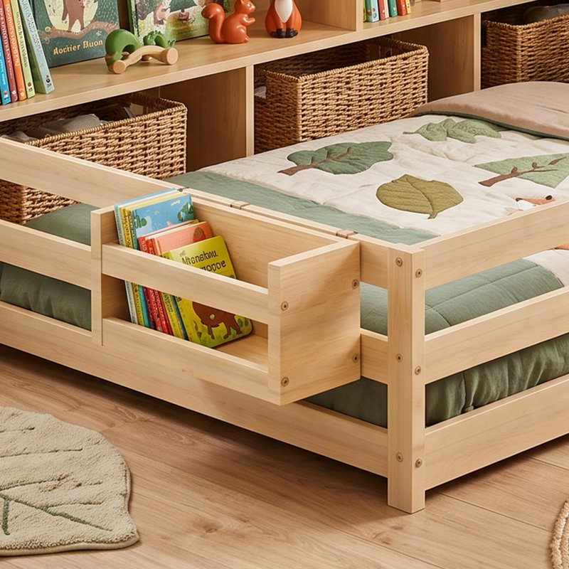 Lit sur pied avec bibliothèque Montessori, lit pour enfant avec garde-corps, lit bas pour la mère et l'enfant avec rangement, naturel