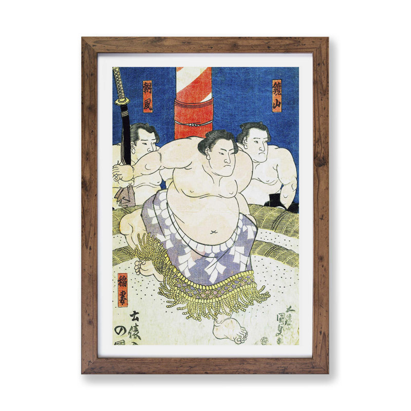 Three Sumo Wrestlers by Utagawa Kunisada - Single Picture Frame Painting, Walnut, 33cm H x 45cm W x 2cm D