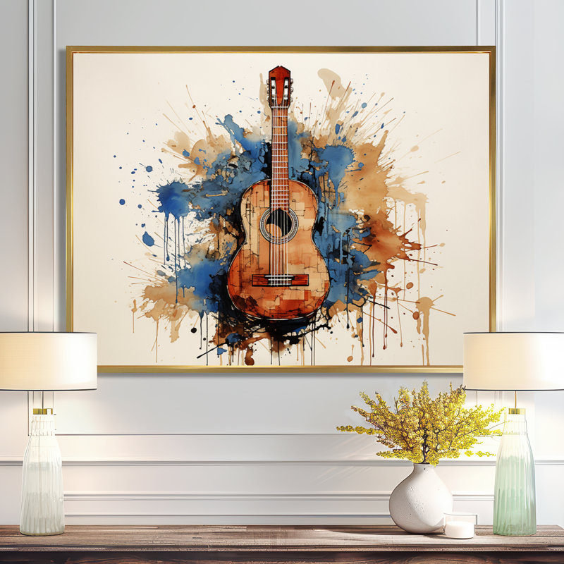 Earthy Brown, guitare mélodique - musique sur toile, Cadre flottant doré, H 12 po x l 20 po x P 1 po