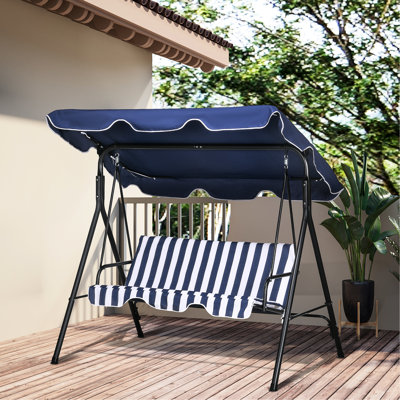 3 balancelles de patio bleu foncé. Coussin amovible. Structure en acier. Auvent inclinable réglable pour le jardin, la cour. Détendez-vous et détendez-vous. Capacité de poids de 440 lb. L 67,75 po x P 43,25 po x H 60,25 po. Assemblage requis