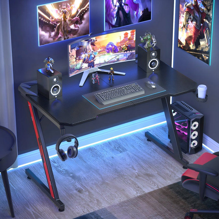 Heidrick Carbon Fiber Surface Z-Shaped Leg PC Gaming Desk with Headphone Hook and Cup Holder