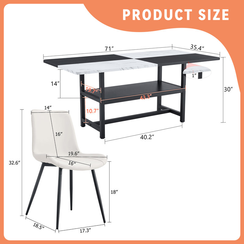 Table And Chair Set.71*35.4 Inch  And  Spliced Dining Table With Storage Function In The Middle Of The Table Legs.Paired With 6  Artificial PU Chairs With Curved Widened Cushion Design.
