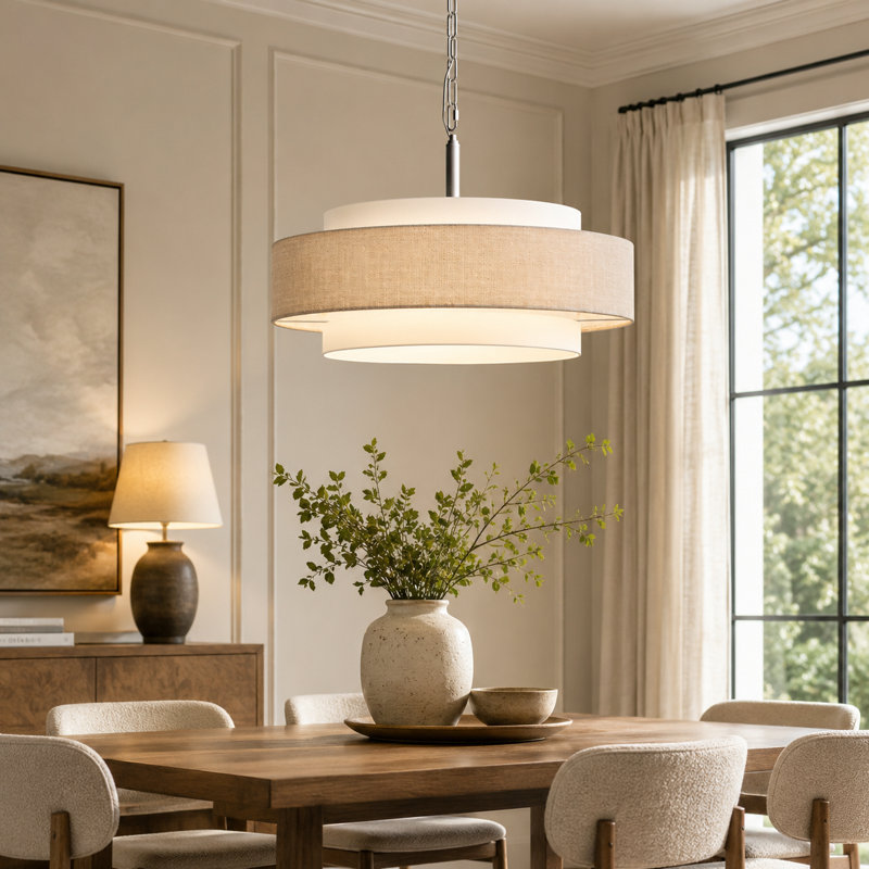 5- Light 24"W Dimmable Natural Linen Burlap Shaded and Nickel Metal Drum Chandelier for Dining Room or Kitchen