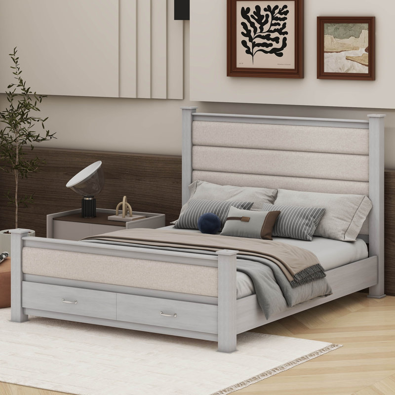 Lit plateforme avec tête de lit en tissu Styliani, Blanc antique