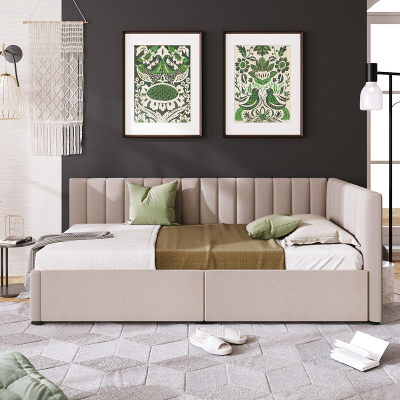 Beige Linen Fabric Daybed With Twin Size Bed And 2 Storage Boxes - No Box Spring Required, Modern Practical Bedroom Furniture Frame Upholstered Cover Drawers In Spring, Stylish Choice