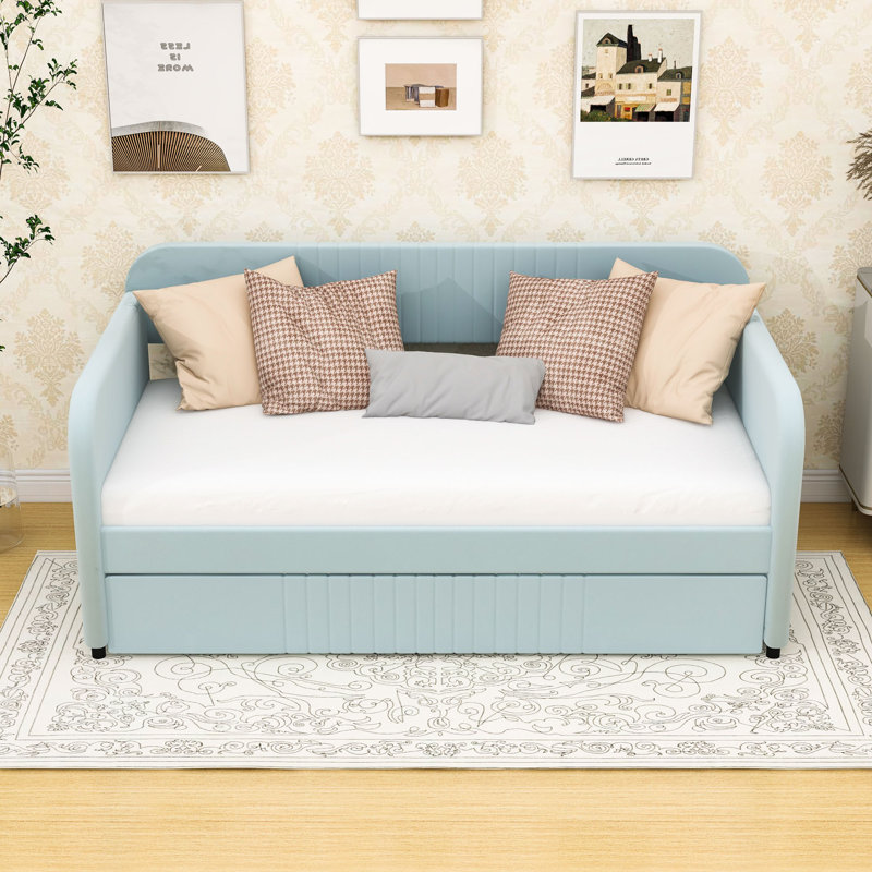 Tyrome Twin Size Velvet Upholstered Daybed With Twin Size Trundle, Light Blue