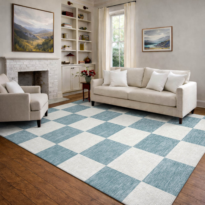 Tapis géométrique lavable à la machine de qualité supérieure Mayfield AMF2345, Bleu sarcelle, 5 pi x 7 pi 6 po