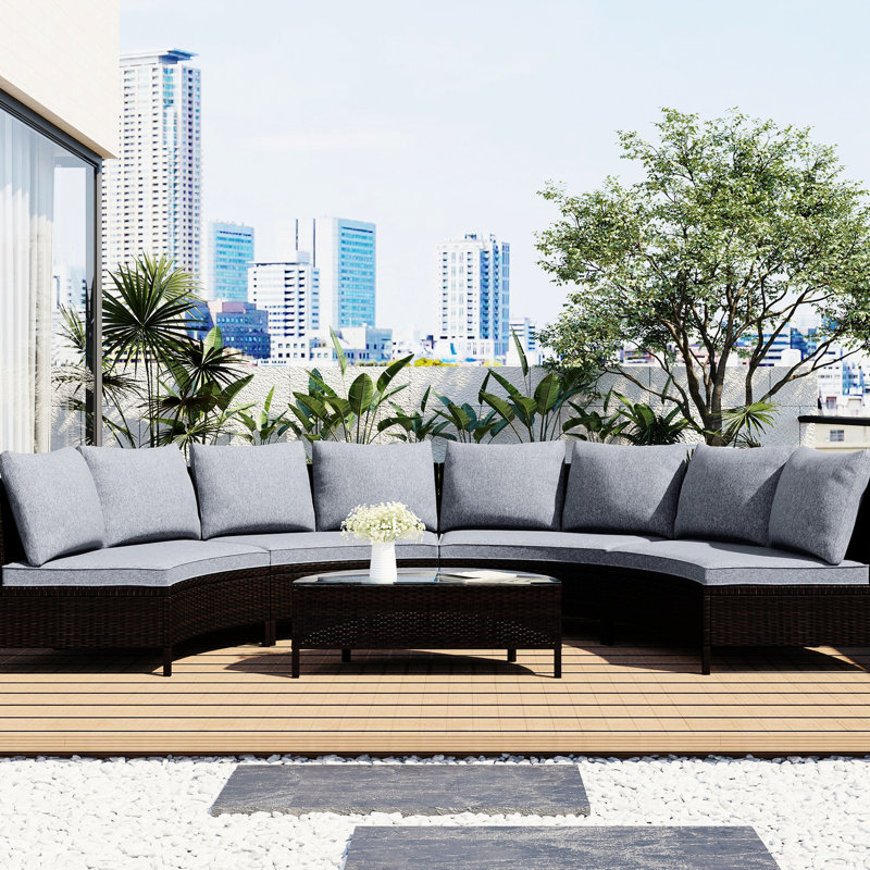 Mobilier modulaire d'extérieur confortable - 5 pièces avec PE, coussins gris et eau de table en verre - Coussins, trempé léger