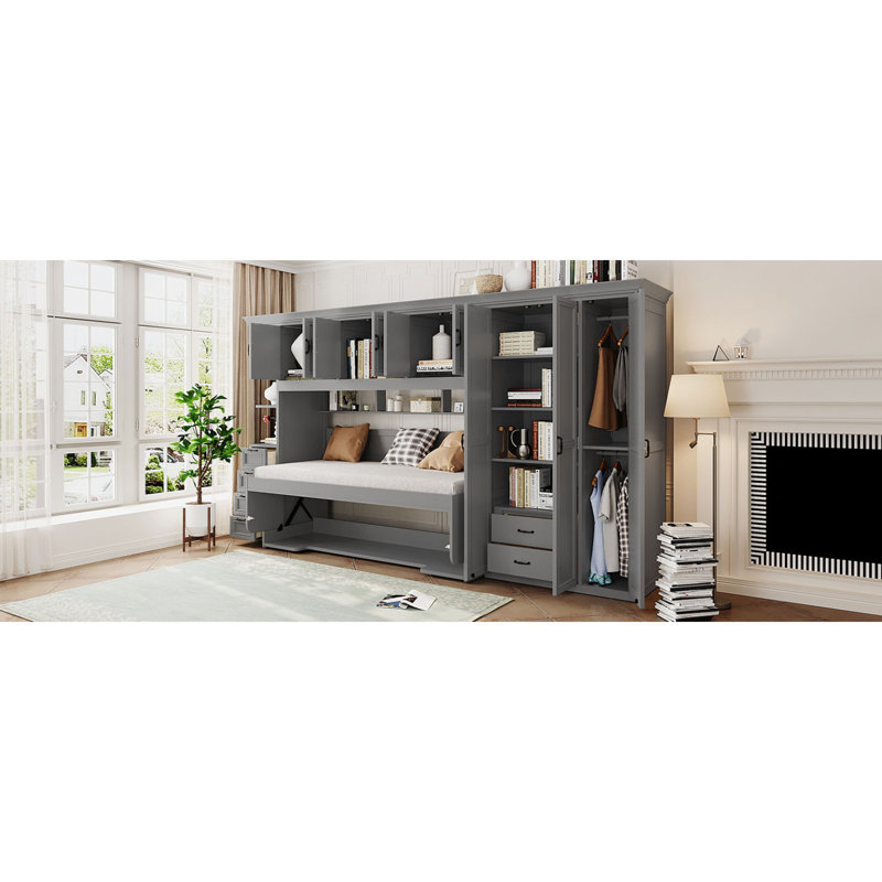 Lit escamotable simple avec garde-robe, armoire et bureau, gris, gris