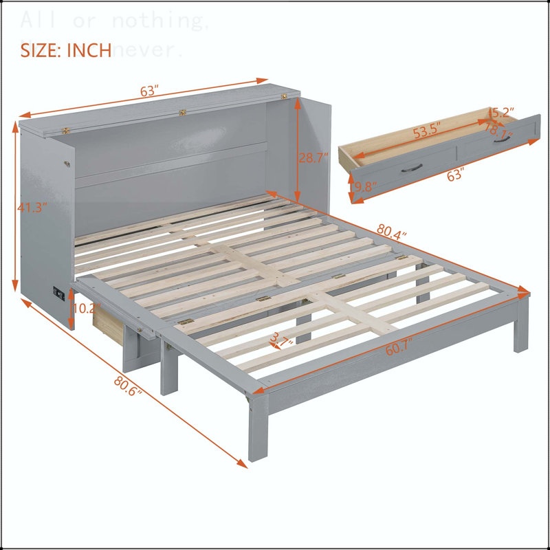 Grand lit escamotable avec grands tiroirs et chargement USB, Gris