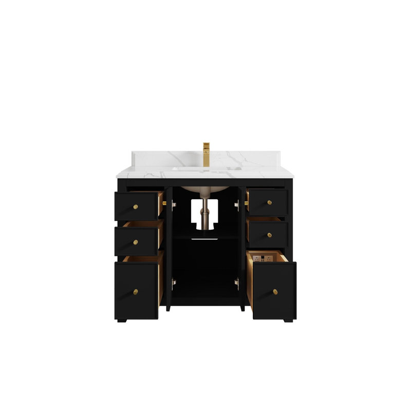 Meuble-lavabo simple 42 po avec plateau en quartz Chicago, Calacatta Laza