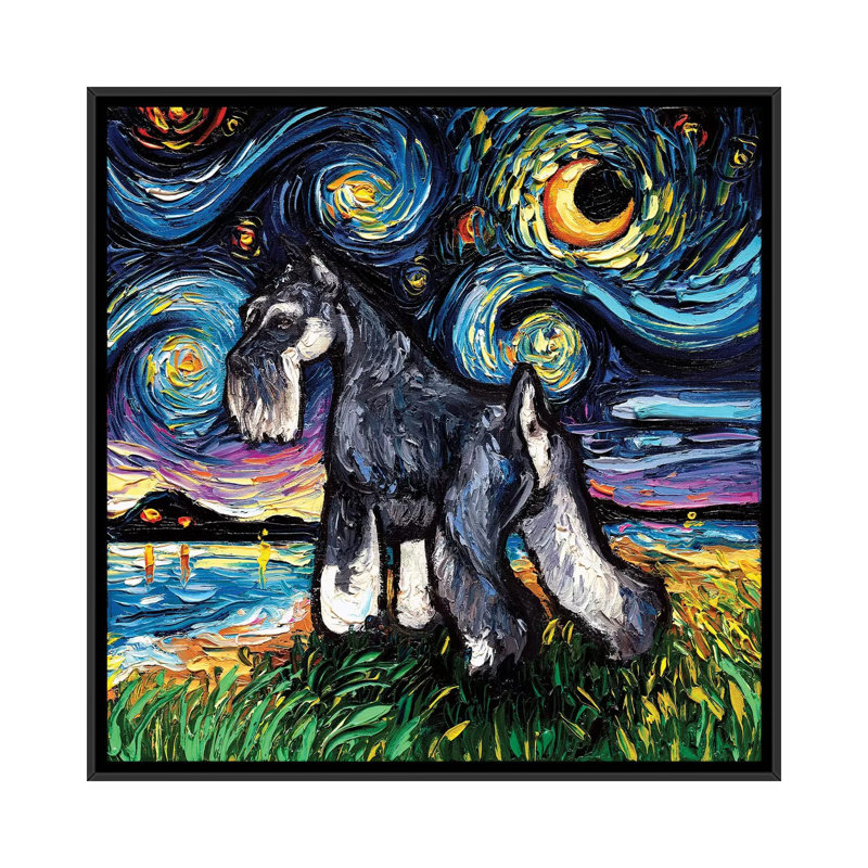 "Schnauzer Night" par aja Trèves, reproduction d’art, Pas de tapis, H 18 po x l 18 po x 1,5 po, Toile avec cadre noir