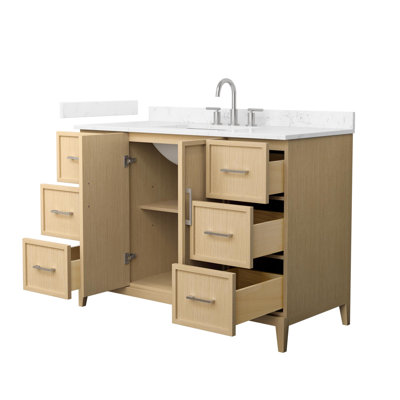 Meuble-lavabo simple 48 po Elan en chêne blanc, comptoir en marbre de culture de Carrare, lavabo carré encastré (3 trous), garniture en nickel brossé