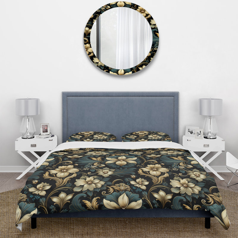 Ensemble de housse de couette doré et bleu doré damassé Reverie II, Housse de couette pour grand lit et 2 taies décor