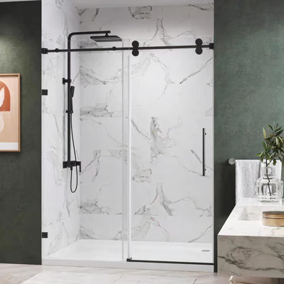Matte Black Sliding Glass Shower Door 56-60" W x 76" H, Stainless Steel, 8mm Tempered Glass, Easy-Clean Coating, Brushed & Polished Finish, Smooth Buffering Mechanism
