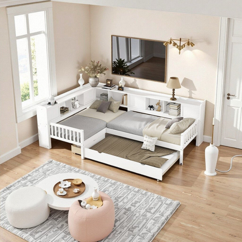 Lit plateforme simple en L en bois massif avec lit gigogne et rangement, Blanc