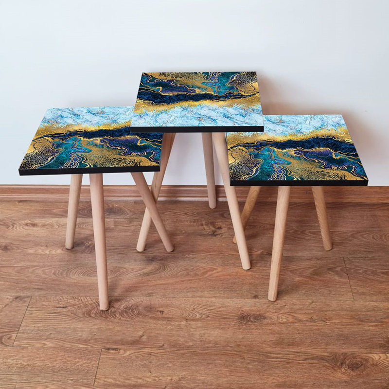 Elegant 3-Piece Nesting Table Set, Navy Blue & Gold Abstract Marble Design | Sturdy 100% MDF with Beech Wood Legs | Large Table: 13.8 x 20.5 x 13.8 in, Medium: 13.8 x 18.5 x 13.8 in, Small: 13.8 x 16.5 x 13.8 in | Perfect for Living Room or Office Decor