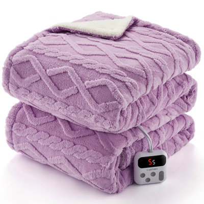 Couverture chauffante électrique double avec double commande – Doublure épaisse en sherpa, lavable, 157 x 213 cm, violette