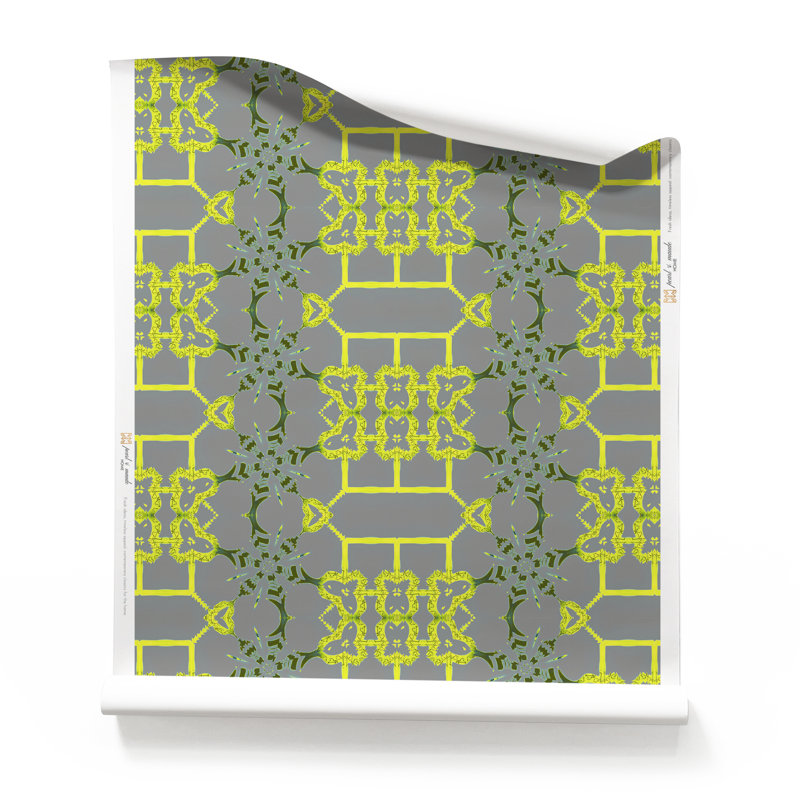 Arachné | Papier peint treillis Modern Chinoiserie, Gris / vert / jaune / bleu sarcelle