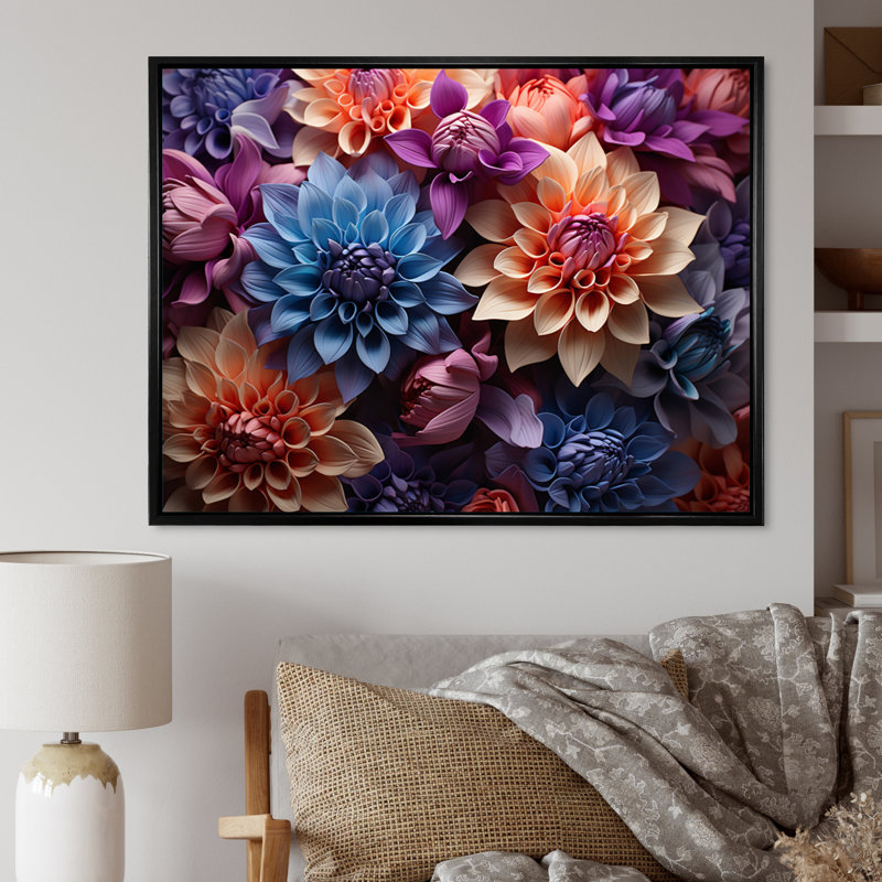 Dahlia Field Vibrant Composition I - impressions sur toile florales, 30" H x 40" W, Cadre flottant noir