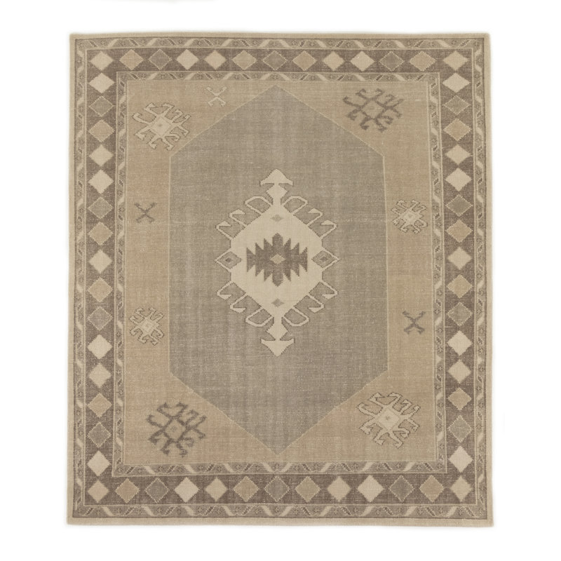 Hand-Knotted Beige and Gray Wool Cotton 9' x 12' Area Rug