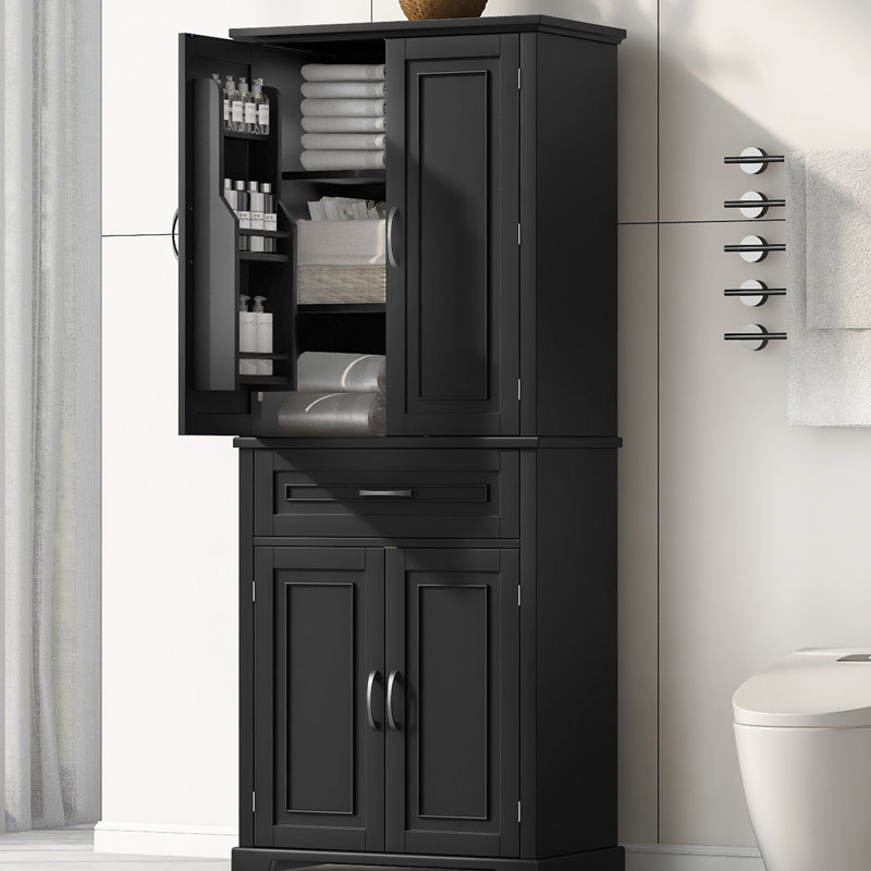 Tall Black Cabinet For Bathroom Storage With Multiple Shelves - Doors, Drawer, Adjustable Shelf, Practical Design