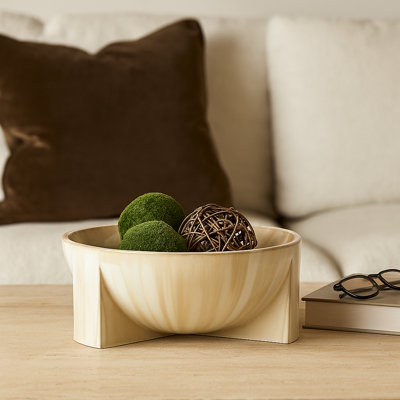 Decorative Bowl Stoneware Ceramic Sculptural Curved Base Casual Modern Finish For Home Office Living Room Or Bedroom Display - 6" Tan & Ivory